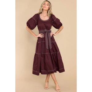 Foxy Lady Dark Brown Belted Puff Sleeve Midi Dress